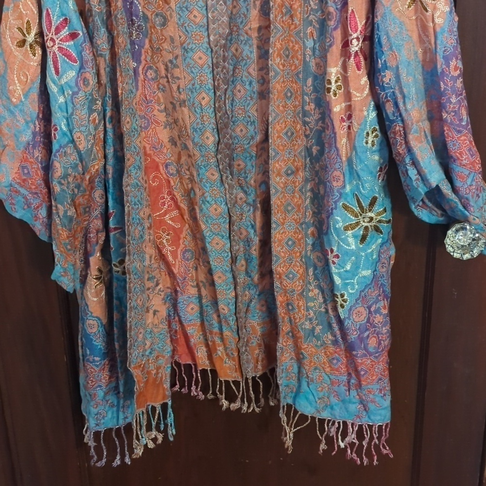 Time For Me Embroidered Bohemian Flowy Open Fringe Cardigan Size 2X - Picture 3 of 9